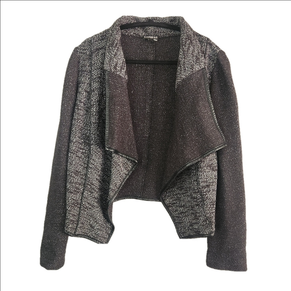 Express womens size medium leather trim tweed looking open shacket cardigan